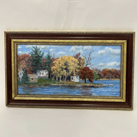 Vintage Framed Landscape Oil Painting Autumn Lake Scene Country Houses Singed - Picture 11 of 13
